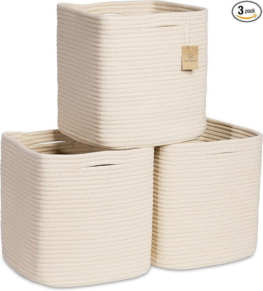 NaturalCozy Storage Cubes 11 Inch Cotton Rope Woven Baskets for Organizing, 3-Pack | Cube Storage Bin | Square Storage Baskets for Shelves Organizer, Classroom, Kids Toy Bins, Closet, Baby Nursery