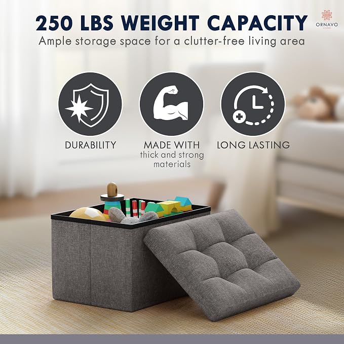 Ornavo Home Small Rectangle Storage Ottoman, Linen, 12x16x12, Dark Gray | Collapsible Cube Design; Foot Rest Stool Seat; Ideal for Living Room, Bedroom, Home Office or Dorm