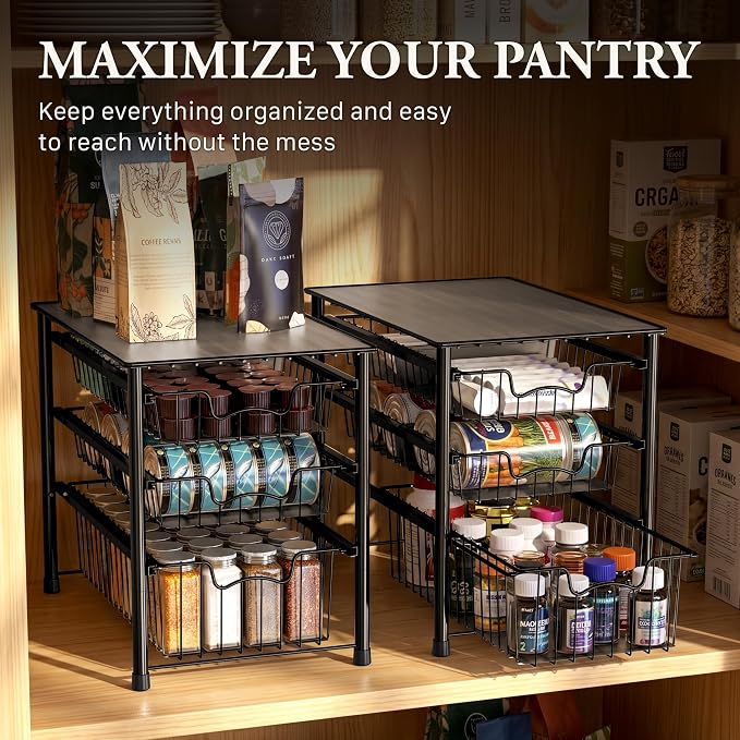 Simple Houseware Stackable 3 Tier Sliding Basket Organizer Drawer, Black