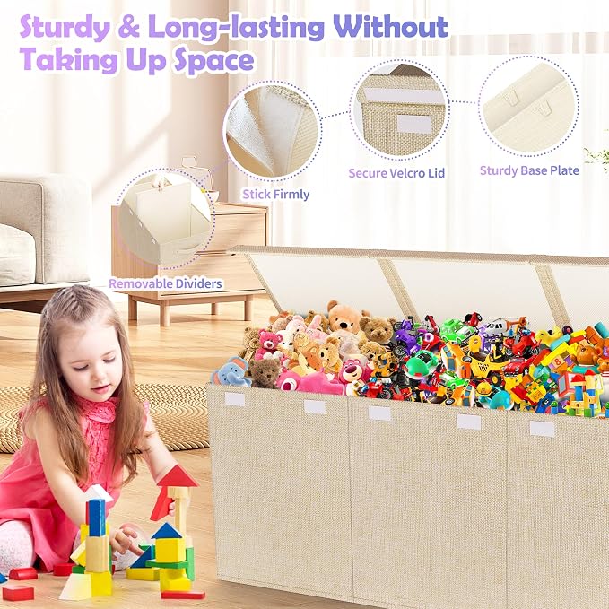 Extra Large Toy Box, Collapsible Toy Storage Organizer, 40"x16"x16", Beige | Sturdy Kids Toys Bin Chest with 2 Mesh Pockets and Dividers for Boys Girls, Bedroom & Living room Toy Organization