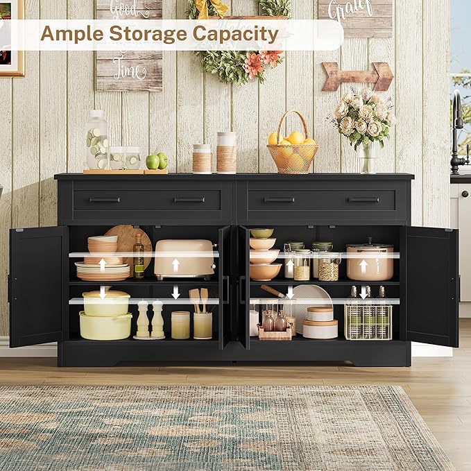 usikey 55" Buffet Cabinet with Storage and Drawers, Large Sideboard Buffet Cabinet with Adjustable Shelves and Doors, Modern Coffee Bar for Kitchen, Living Room, Black