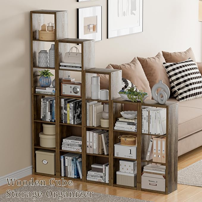 VDNEND Cube Storage Organizer Bookcase, Small 4 Tier 11 inch Open Back Cubical Shelf with Thickened Border, Display Bookshelf for Living Room, Home Office, Sturdy Room (Brown, 4 Cube,Vertical)