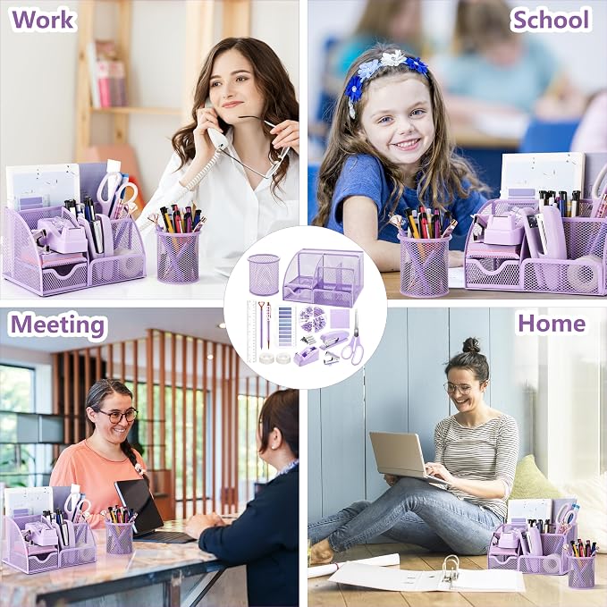 Fayoo 15 Pcs Purple Office Supplies Set Mesh Desk Organizer Accessories Kit | Include Stapler, Tape Dispenser, Staple Remover, Clips, Ruler, Scissors, Sticky Notes, for Office, School, Home, Women
