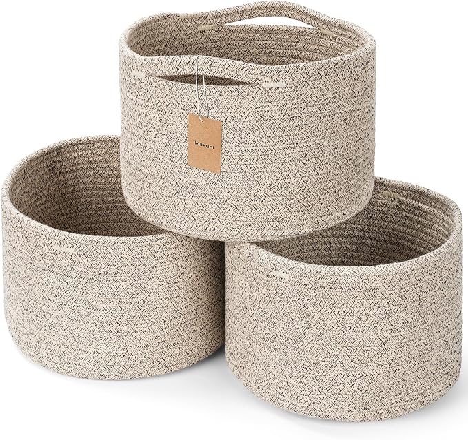 3 Pack Small Rope Storage Baskets, 9.82×9.82×7.1", Brown | Cotton Basket for Gifts Empty, Cute Round Woven Basket, Decorative Shelf Basket Organizer, Organizing Basket for Shelves
