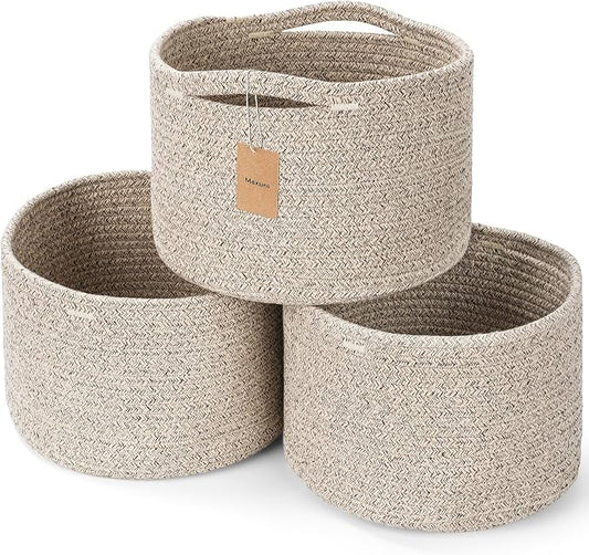 3 Pack Small Rope Storage Baskets, 9.82×9.82×7.1", Brown | Cotton Basket for Gifts Empty, Cute Round Woven Basket, Decorative Shelf Basket Organizer, Organizing Basket for Shelves
