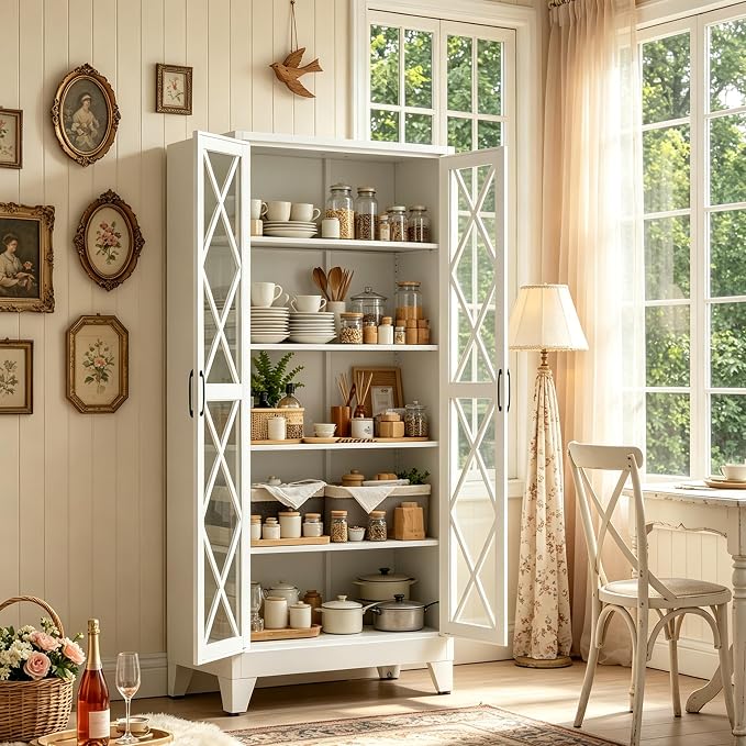 71"H White Pantry Kitchen Cabinet with Doors,Black Storage Cabinets,Freestanding Pantry Cabinet,Farmhouse Food Storage Cabinets,Tall and Large Pantry Cabinets for Kitchen, Dining Room, Living Room
