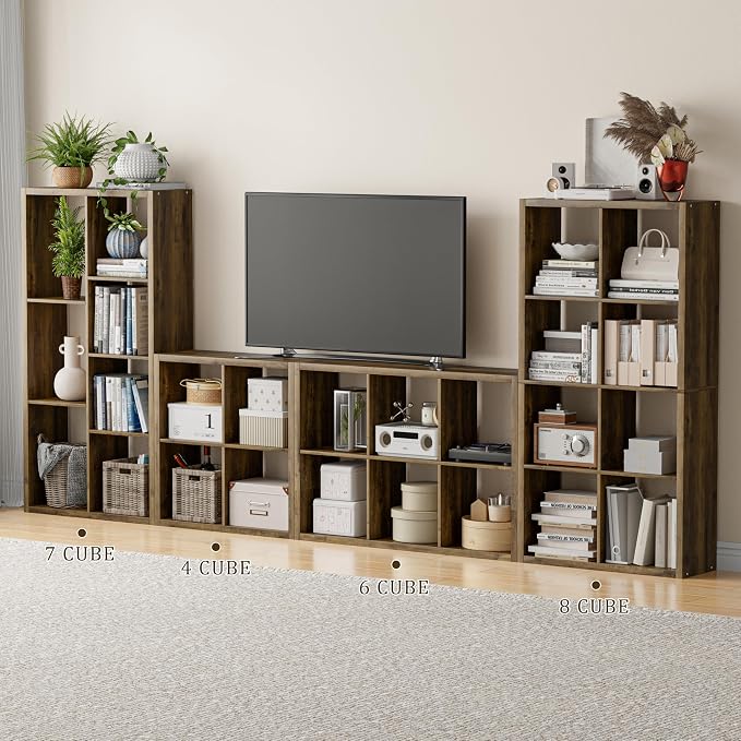 VDNEND Cube Storage Organizer Bookcase, Decorative 11 inch Open Back Cubical Shelf with Thickened Border, Display Bookshelf for Living Room, Home Office, Sturdy Room (Brown, 7 Cube)