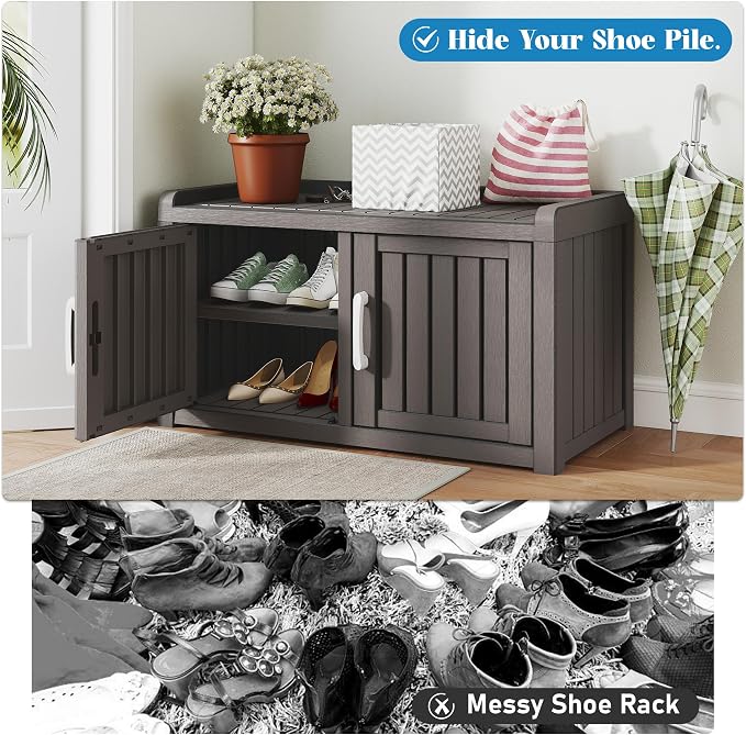 Shoe Storage Cabinet Waterproof UV-Resistant, Entryway Storage Bench Indoor Outdoor with 2 Barn Doors, Adjustable Shelves for Entryway, Bedroom, Hallway,Living Room(Grey)