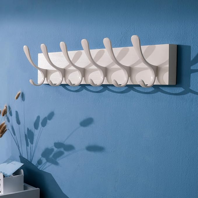 SKOLOO Coat Rack Wall Mount - Wooden White Wall Coat Hook, Wall Coat Hanger Rack with 6 Hooks for Hanging Coats, Hats, Clothing, Scarfs, White