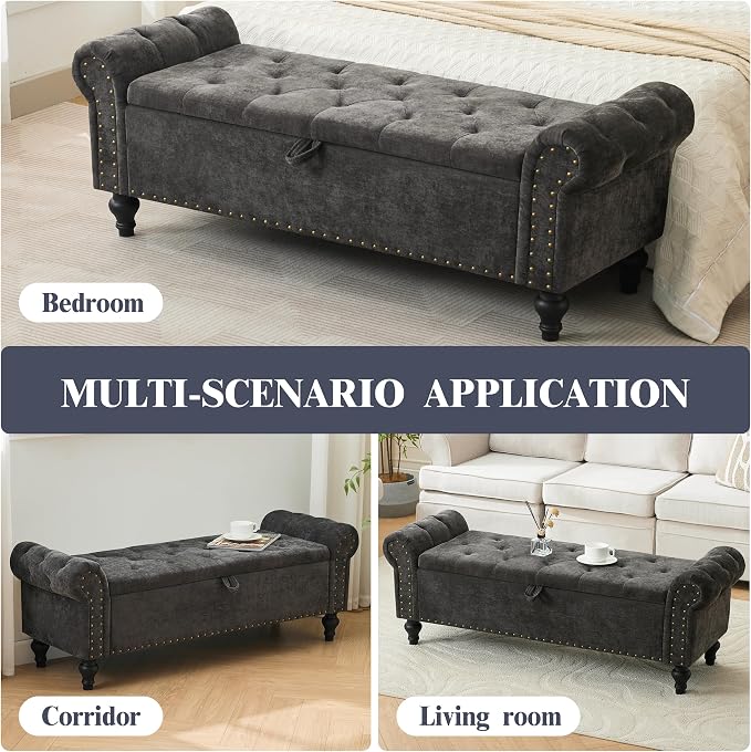 55" Storage Bench for Bedroom, Upholstered Ottoman Bench, Chenille DarkGray | End of Bed Bench for Bedroom, Window Benches for Living Room, Entryway, Ottoman with Large Storage Space, Pet Friendly