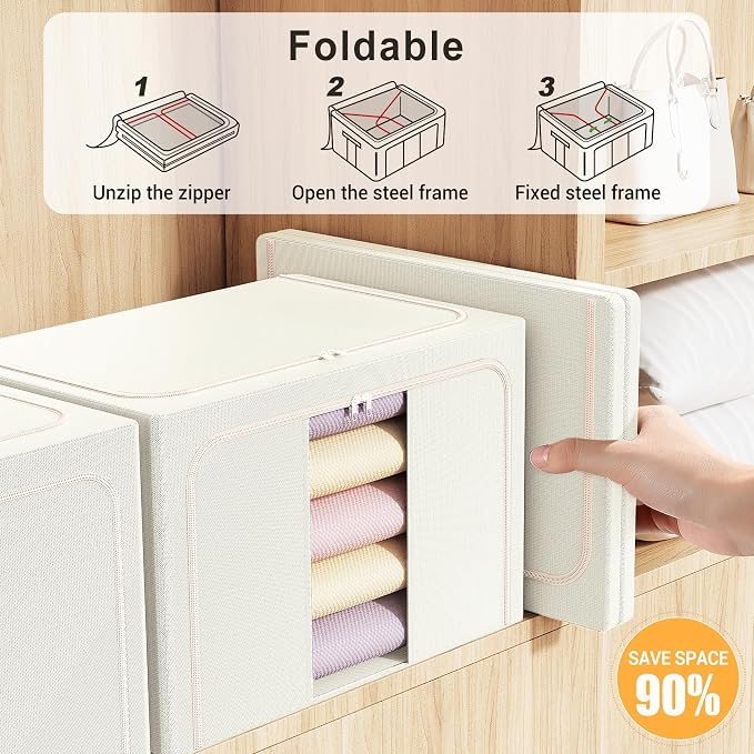 Clothes Storage Bins with Metal Frame, Foldable Clothes Organizers Storage Containers for Clothes, Sheets, Blankets, Pillows and Towels (100L, 3 Pack) Beige