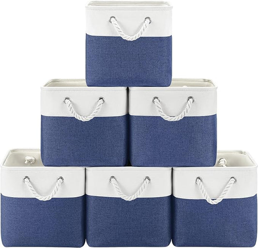 Patvingot 11-Inch Fabric Cube Storage Bins with Handles,6 Pack,Foldable | For cube shelves and closets,keeps grouped for everyday access,reinforced opening and fold-flat storage,white and blue