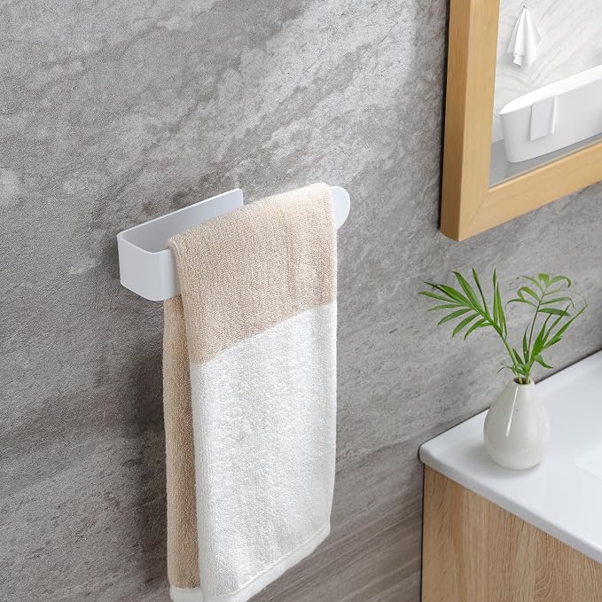 Taozun White Towel Rack Adhesive Hand Towel Holder Towel Bar Towel Ring | Durable Stainless Steel, Rust Free, No Drilling, For Bathroom/Kitchen/RV/Apartmen, Stick on Wall/Cabinet, 7.9 Inch