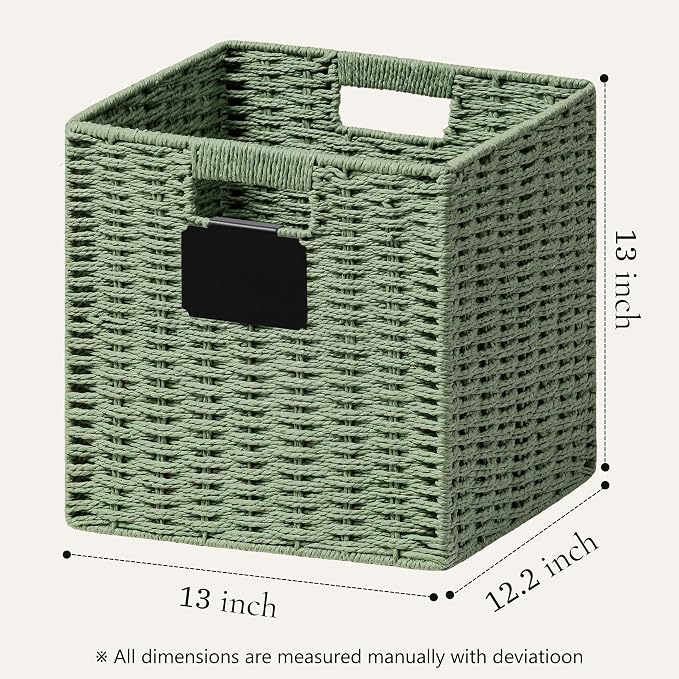 UBBCARE 4 Pack Wicker Basket, 12×12 Storage Cubes with Label, Foldable Cube Storage Bin with Handle, Square Storage Basket for Shelves, Woven Paper Rope Basket for Organizing, Dark Green