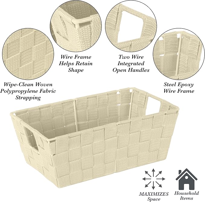 Simplify Small Shelf Woven Strap Tote | Decorative Storage Basket | Built in Handles | Organization | Closet | Bedroom | Bathroom | Nursery | Accessories | Toys | Gifts | 4 Pack | Ivory