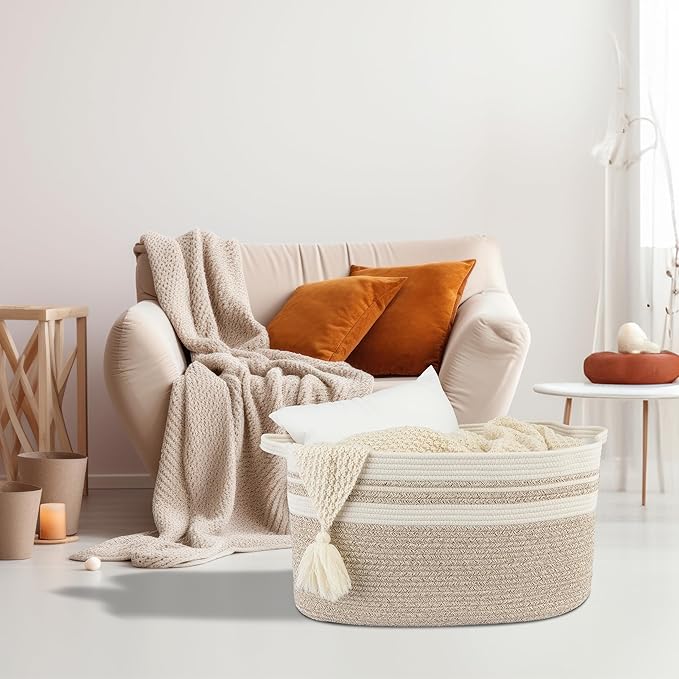 XUANGUO Large Woven Cotton Rope Blanket Basket 22"x17"x12" White Brown | Storage basket for nursery and living room; toy basket for kids or laundry basket for clothes and towels.