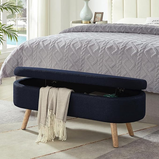 42.25" Ottoman with Storage, Storage Ottoman Bench with Safety Hinge, Boucle End of Bed Bench, Upholstered Entryway Bench for Bedroom, Living Room & Window, Holds up to 330 lb, Navy Boule