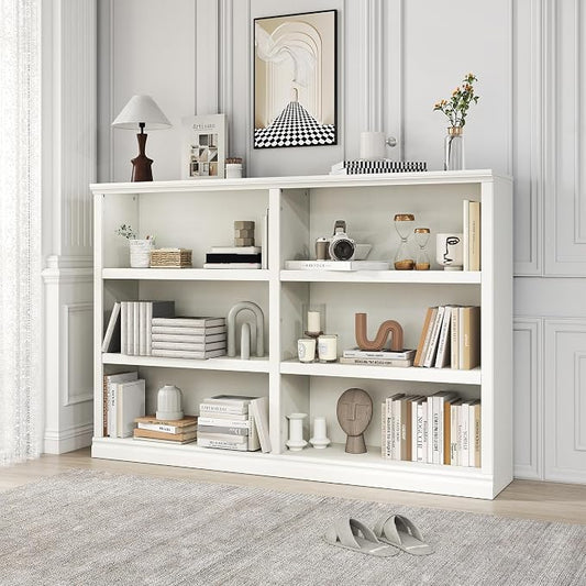 64" W Double Wide Open Shelf Bookcase, 3 Tiers 6 Storage Cube Book Shelf | Horizontal bookshelf, Display Cabinet Organizer Indoor Furniture, Home Library Office, White Adjustable Shelf