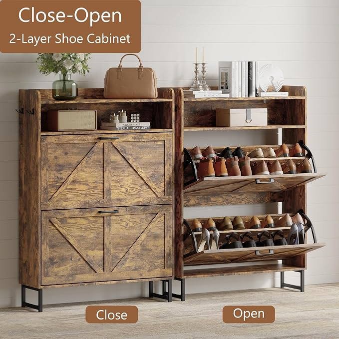 Shoe Cabinet with 2 Flip Drawers, Freestanding Hidden Shoe Storage Organizer for Entryway, Narrow Slim Shoe Rack Cabinet with Open Storage & Hooks for Front Door Entrance, Living Room, Hallway, Brown