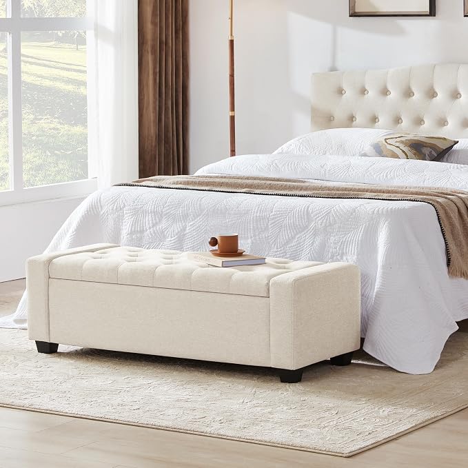 Huatean Home 48" Ottoman with Storage, Beige Storage Ottoman Bench | Upholstered Entryway Bench with Seating for Bedroom, Living Room, with Safety Hinge, Holds up to 330 lb
