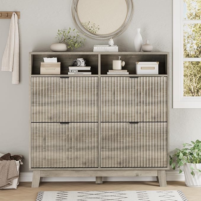 Xixini Shoe Cabinet with 4 Flip Drawers, 46" Tall Narrow Fluted Shoe Storage Organizer for Entryway, Hidden Slim Wooden Shoe Rack Cabinet for Front Door Entrance, Hallway, Living Room, Light Grey