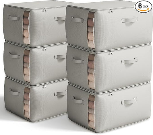 Vailando Large Canvas Comforter Storage Bags Closet Organizer for Clothes Sweater Clothes Organizer with Dual Zipper Three Carrying Handles for Blanket Closet Storage Container, 6 Pack, Grey