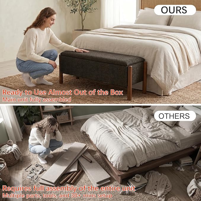 Modern Storage Benches with Walnut Wood Legs, 47'' Ottoman Bench with 20 Gallons Storage Space for Bedroom End of Bed, Fabric Upholstered Entryway Bench with Seating for Livingroom, Gray