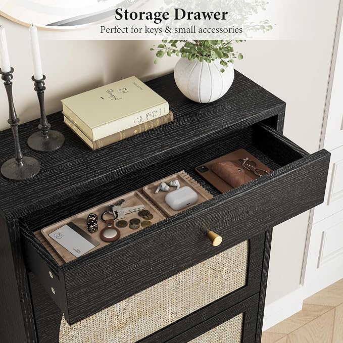 Nicetree Shoe Cabinet for Entryway, Slim Shoe Rack with 2 Flip Drawers and Top Storage Drawer, Narrow Shoe Organizer with Printed Rattan-Look Design, Entryway Shoe Storage for Size 12 Shoes, Black