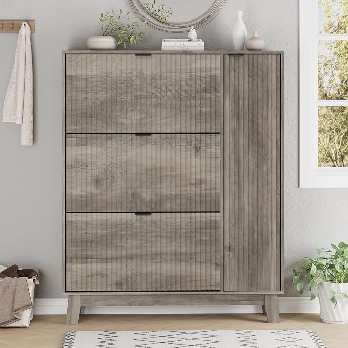 Xixini Shoe Cabinet with 3 Flip Drawers, 54" Tall Narrow Fluted Shoe Storage Organizer for Entryway, Hidden Wooden Shoe Rack with Adjustable Side Cabinet for Front Door Entrance, Hallway, Light Grey