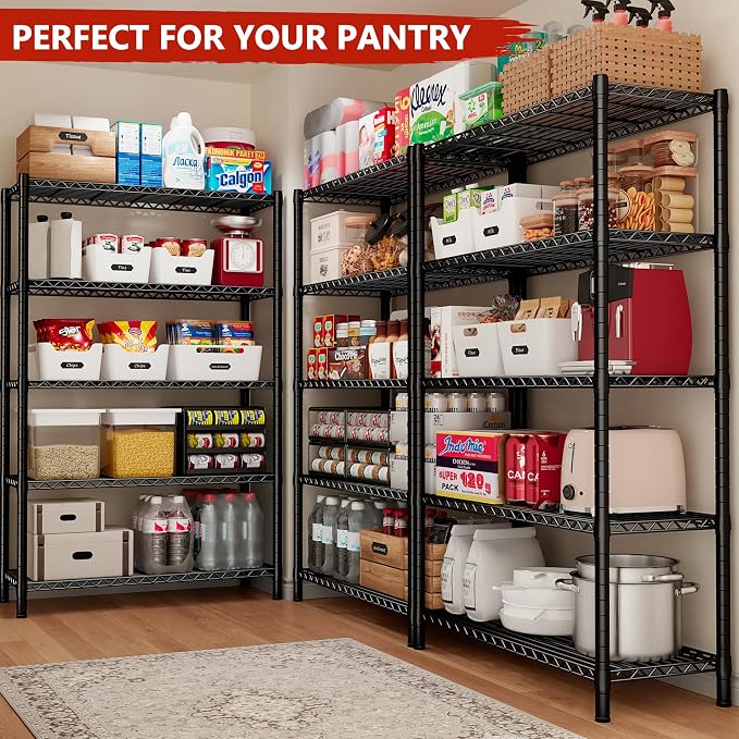 REIBII 5 Tier Storage Shelves with Wheels,1980LBS Metal Shelving for Garage | 25mm thickened pipes, 396 lbs/shelf, lock casters or switch to leveling feet, tool-free setup, fits pantry & kitchen