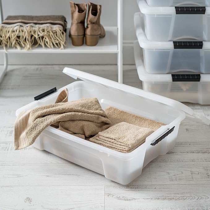 IRIS USA 6-Pack 27 Quart Storage Bins with Lids, Pearl | Conceals contents for a clean look. Great for linens, décor, closet storage, and supplies. Nestable design saves space