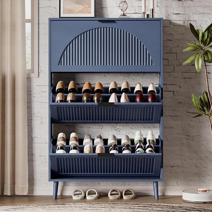Xixini Shoe Storage Cabinet with 3 Flip Drawers, 50" Tall Narrow Wood Fluted Shoe Organizer for Entryway, Freestanding Wooden Hidden Slim Shoe Rack for Front Door Entrance, Hallway, Foyer, Navy Blue