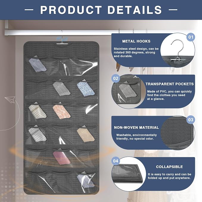 26-Pocket Hanging Closet Organizer for Socks and Underwear, Dark Gray | Non-woven clear compartments keep bras & leggings visible; swivel hook fits wardrobe, closet rod, wall, door or shelves.