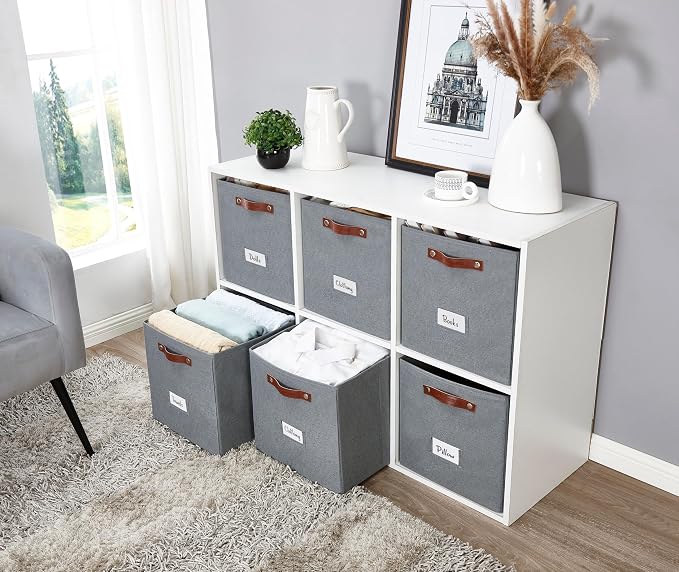 DECOMOMO Storage Bins, Cube Storage Bin with Labels | 13" x 13" x 13" Fabric Storage Cubes for Shelves (6pcs, Texture Grey)