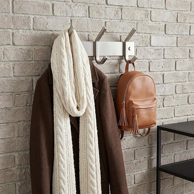 Small Coat Rack Wall Mount – Brushed Nickel 9 Inch Stainless Steel Hook Rail with 3 Heavy Duty Double Coat Hooks – Wall Mounted Coat Hanger for Entryway, Bathroom, Bedroom, Hat Organizer - 2 Pack