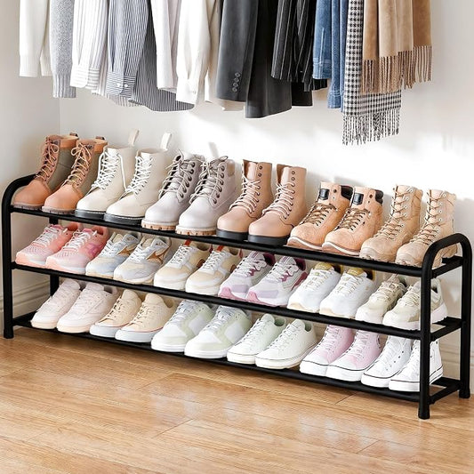 ENJOYBASICS 3 Tier Expandable Shoe Rack for Closet, Free Standing Metal Shoe Shelf Storage Organizer Holder 18 Pairs, Adjustable Width Shoe Rack for Entryway Small Space, Black
