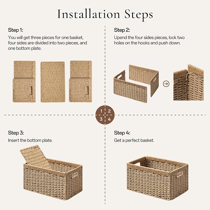 joybest Wicker Baskets for Shelves, Hand-woven Storage Baskets Natural | 13.4L x 8.3W x 7.1H inch for Pantry, Kichen Organizing, Foldable Rectangular Bin with Handles, 2-pack