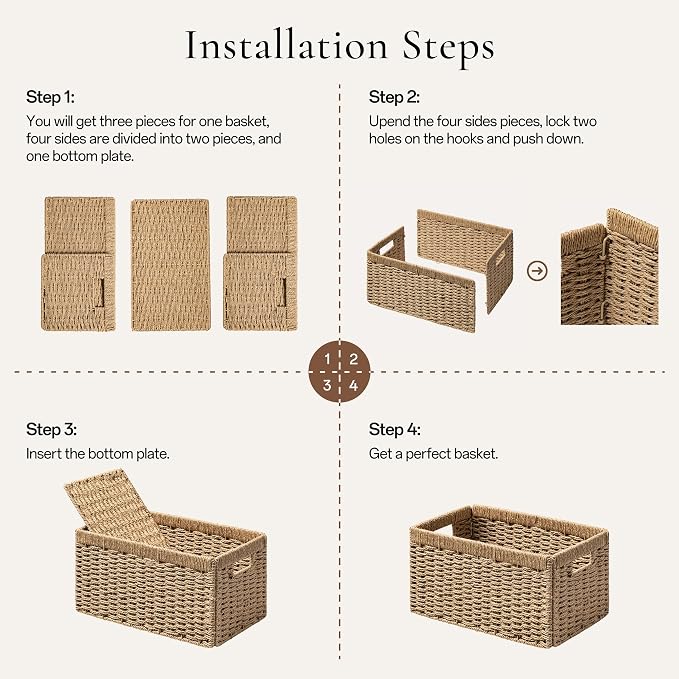 joybest Wicker Baskets for Shelves, Hand-woven Storage Baskets Natural | 13.4L x 8.3W x 7.1H inch for Pantry, Kichen Organizing, Foldable Rectangular Bin with Handles, 4-pack