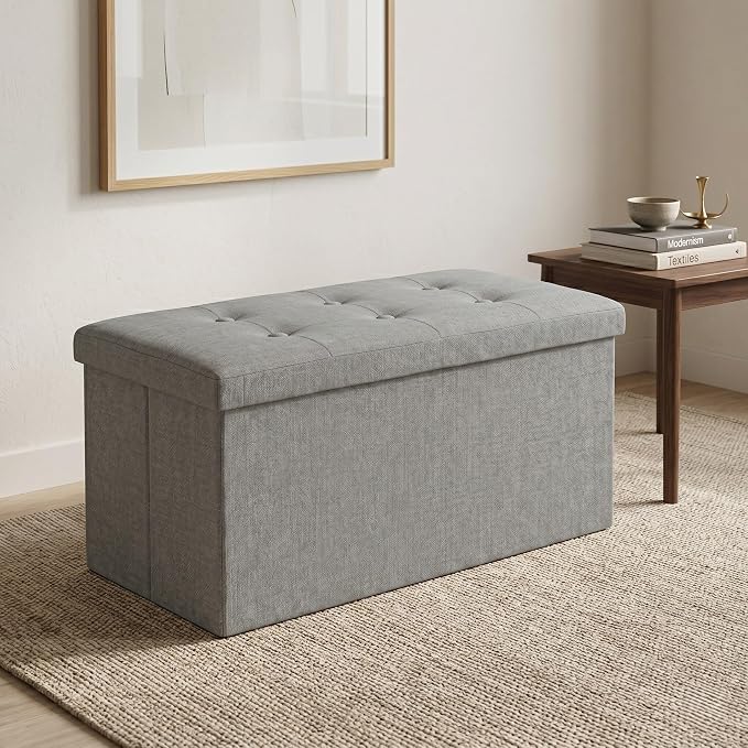 HOME DESIGN Florence 30" Upholstered Folding Storage Ottoman Bench, Tufted Top, Space-Saving Storage, Gray Linen Fabric