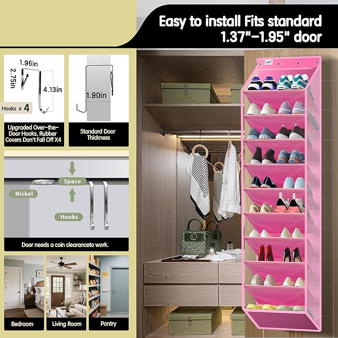 Kotkn 10 Tier Over The Door Organizer - Heavy Duty Hanging Storage Rack with Sturdy Oxford Fabric, Holds 20+ Pairs of Footwear, Boots & Sneakers, Saves 50% Closet Space! (Pink)
