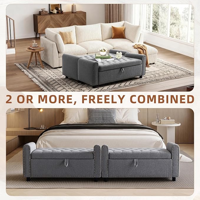48" Ottoman with Storage, Tufted Storage Ottoman Bench, Convenient Living Room Fabrics Bench Seat, Entryway Shoe Benches with Inner Zipper&Arm, Upholstered Window Seat Ottomans with Rivets, Dark Grey