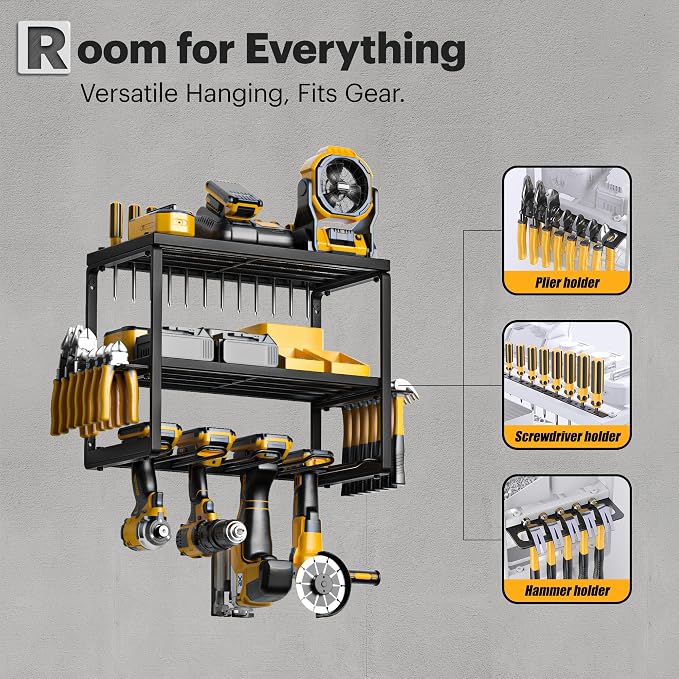 Spampur Power Tool Organizer, 3 Layers 4 Drill Holder Wall Mount | Garage Storage Rack for Handheld, Metal Tool Shelf Utility Rack for Cordless Power Tools, Suitable for Giving men