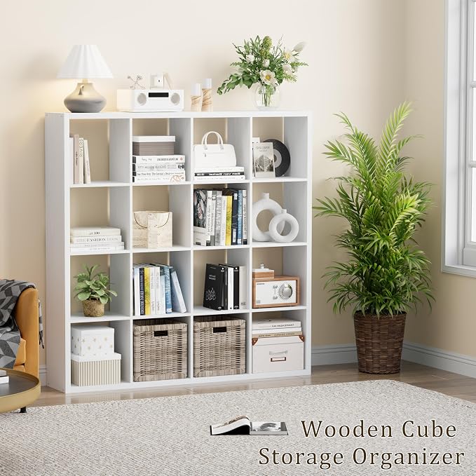 VDNEND Cube Storage Organizer Bookcase, Decorative 11 inch Open Back Cubical Shelf with Thickened Border, Display Bookshelf for Living Room, Home Office, Sturdy Room (White, 16 Cube)