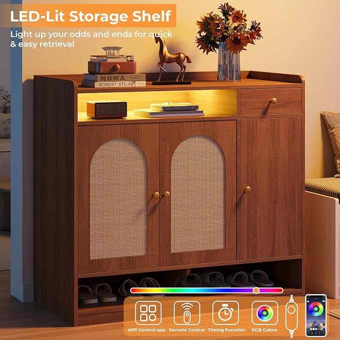 LIKIMIO Rattan Shoe Cabinet with 6-Tier Storage, 3 Doors & LED Light | 30 Pairs Shoe Storage Cabinet with Drawer, Adjustable Shelves, Shoe Rack Organizer for Entryway, Living Room, Walnut