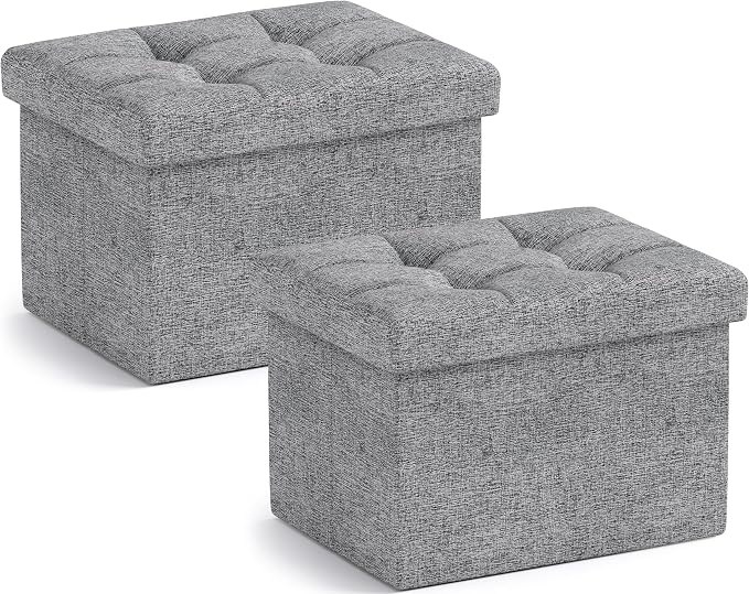 Ornavo Home Small Rectangle Storage Ottoman Set of 2, Linen, 12x16x12, Gray | Foldable Collapsible Design; Foot Rest Stool Seat; Ideal for Living Room, Bedroom, Home Office or Dorm
