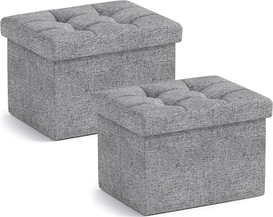 Ornavo Home Small Rectangle Storage Ottoman Set of 2, Linen, 12x16x12, Gray | Foldable Collapsible Design; Foot Rest Stool Seat; Ideal for Living Room, Bedroom, Home Office or Dorm