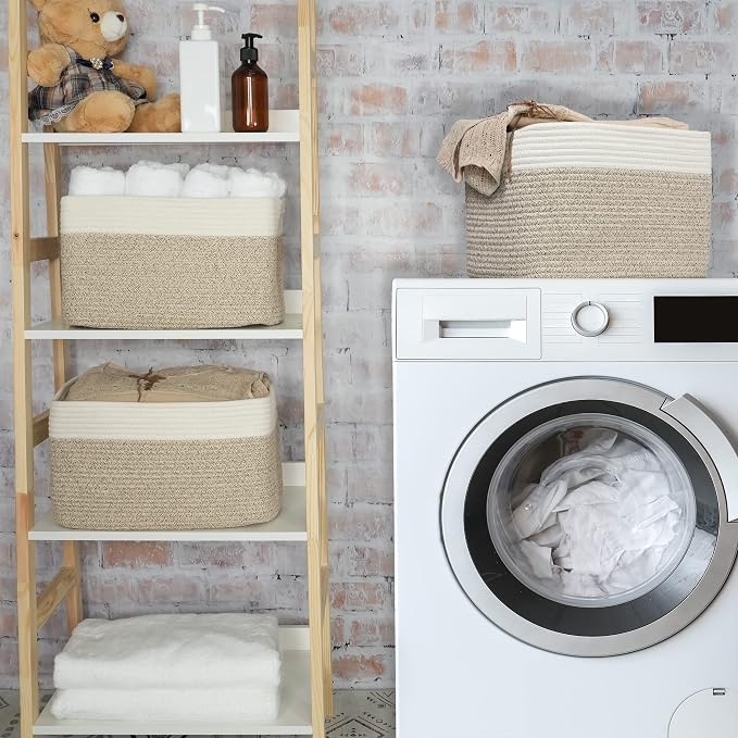 XUANGUO Woven Cotton Rope Storage Baskets 15x10x9.3" 3 Pack White and Brown | Decorative rectangular storage baskets for shelves and closets; storage bins organize clothes, toys, books and nursery items.