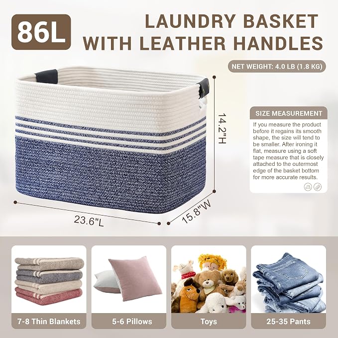 86L Woven Laundry Basket Hamper with Leather Handles,Denim Blue | collapsible wicker hamper, storage for dirty clothes, toys, blankets, gifts, living room, bedroom, bathroom, 24"x16"x14"