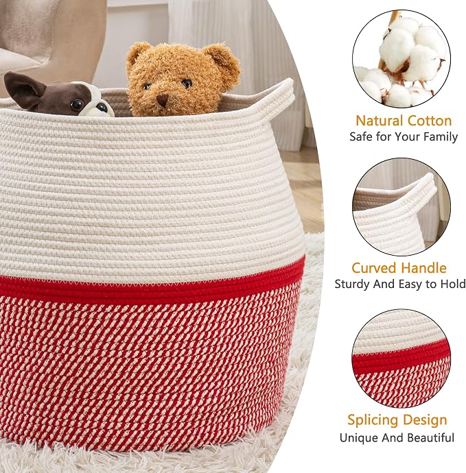 KAKAMAY Woven Baskets for Storage(17"x17"),Large Cotton Rope Woven Baby Laundry Hamper,Collapsible Laundry Basket, Blanket Basket for Organizing Living Room,Nursery,Pillows,Toy Chest(Red)