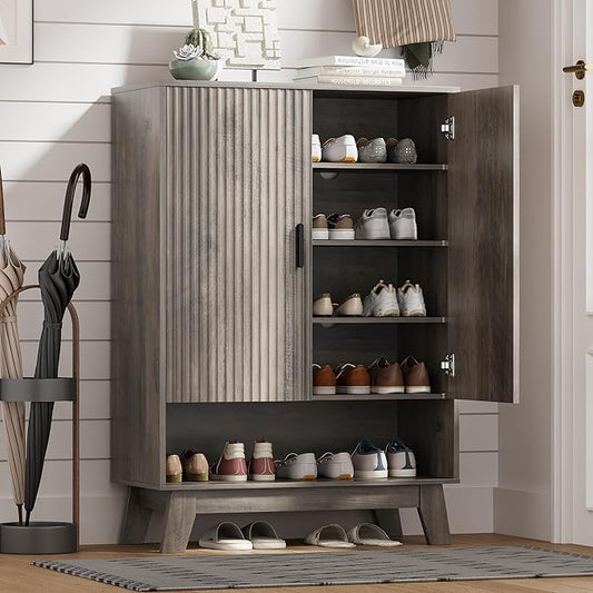 HUANLEGO Shoe Cabinet Storage for Entryway with Doors, Grey | 5 Tier Fluted Shoe Organizer with Adjustable Shelves, Shoe Storage with Wooden Legs, Freestanding Shoe Rack for Entryway